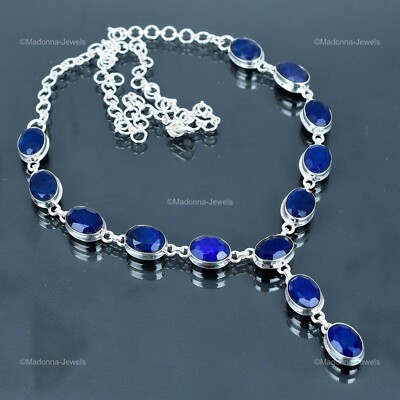 Womens day Deal Blue Saphire Gemstone Chain Necklace Jewelry 925 Sterling Silver