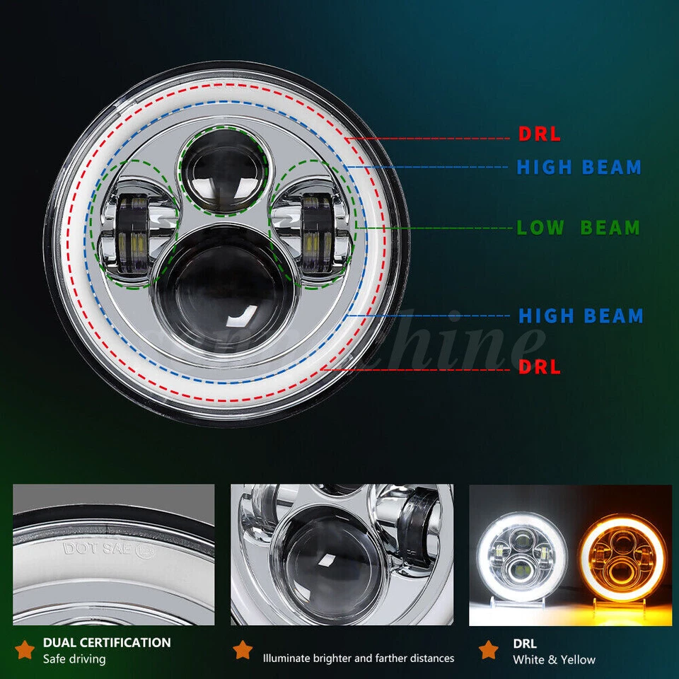 Pair 7 inch Round LED Chrome Headlights Hi/Lo Beam DRL Fit for Chevy C10 C20 C30 Foto 4 de 4