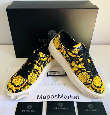NIB VERSACE Greca Barocco Canvas Sneakers in Black & Gold Sizes 37.5, 38 or 38.5