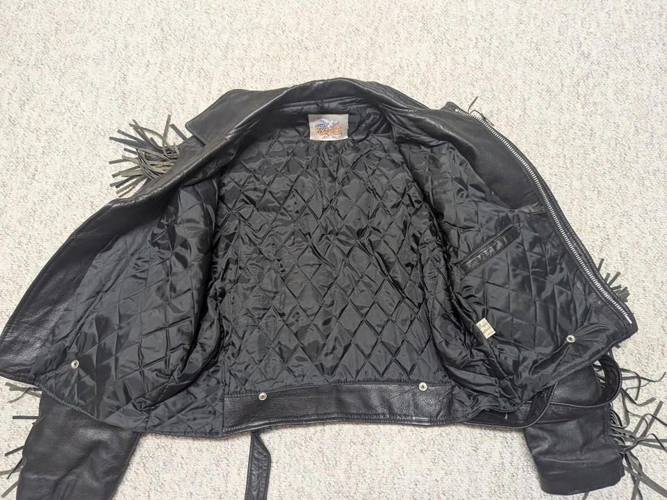 vintage USA made FRINGE motorcycle jacket 46 black leather XL western EXCELLED - Image 4 of 4