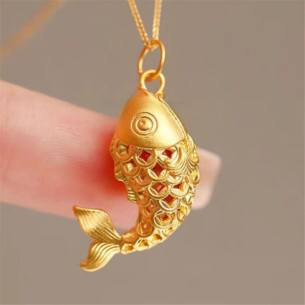 999 24K Yellow Gold Men Women Gift 3D Lucky Koi Fish Pendant