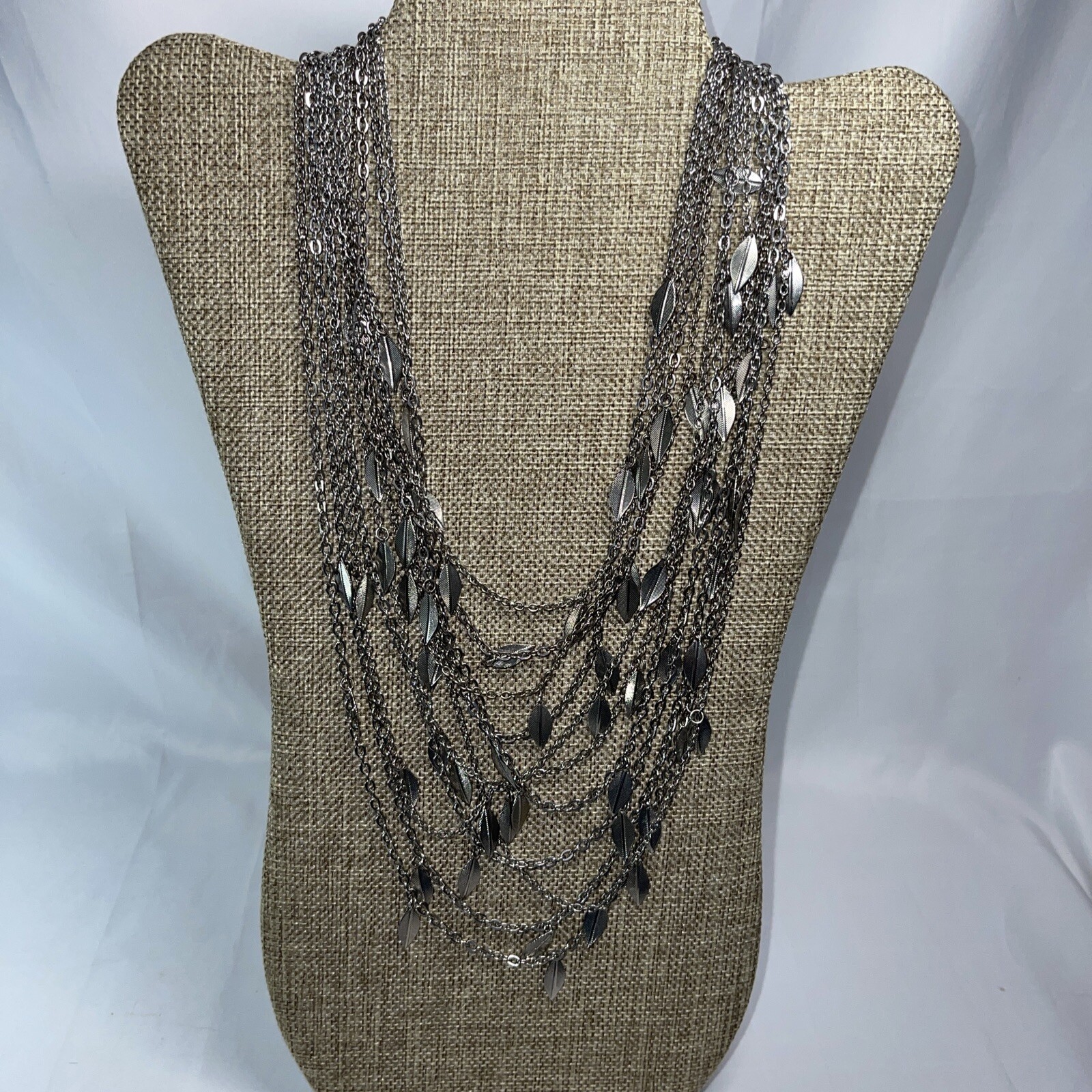 Multi Strand Stacked Silver Tone Dangle Leaf Neck… - image 4