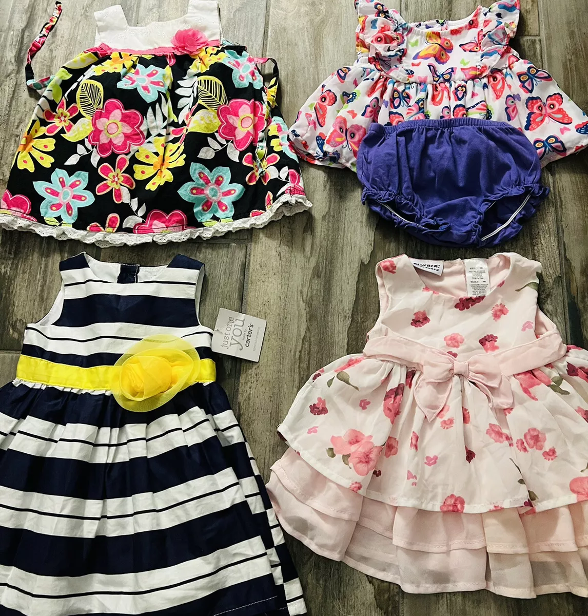 Carters Baby Girl Lot Of 4 Navy Stripe Yellow Pink Floral Tiered