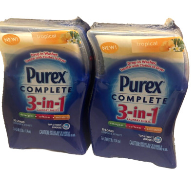 NEW 2 Purex Complete 3-in-1 Laundry Sheets Detergent Softener Tropical 40 Loads