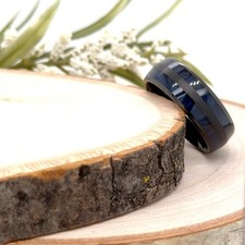 Exotic Blue Wood Inlay Polished Band 8mm Black Tungsten Christmas Ring For Her