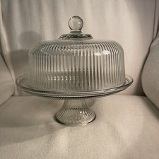 Anchor Hocking Monaco Glass Ribbed Cake Stand w/Dome Plate 11  Diam