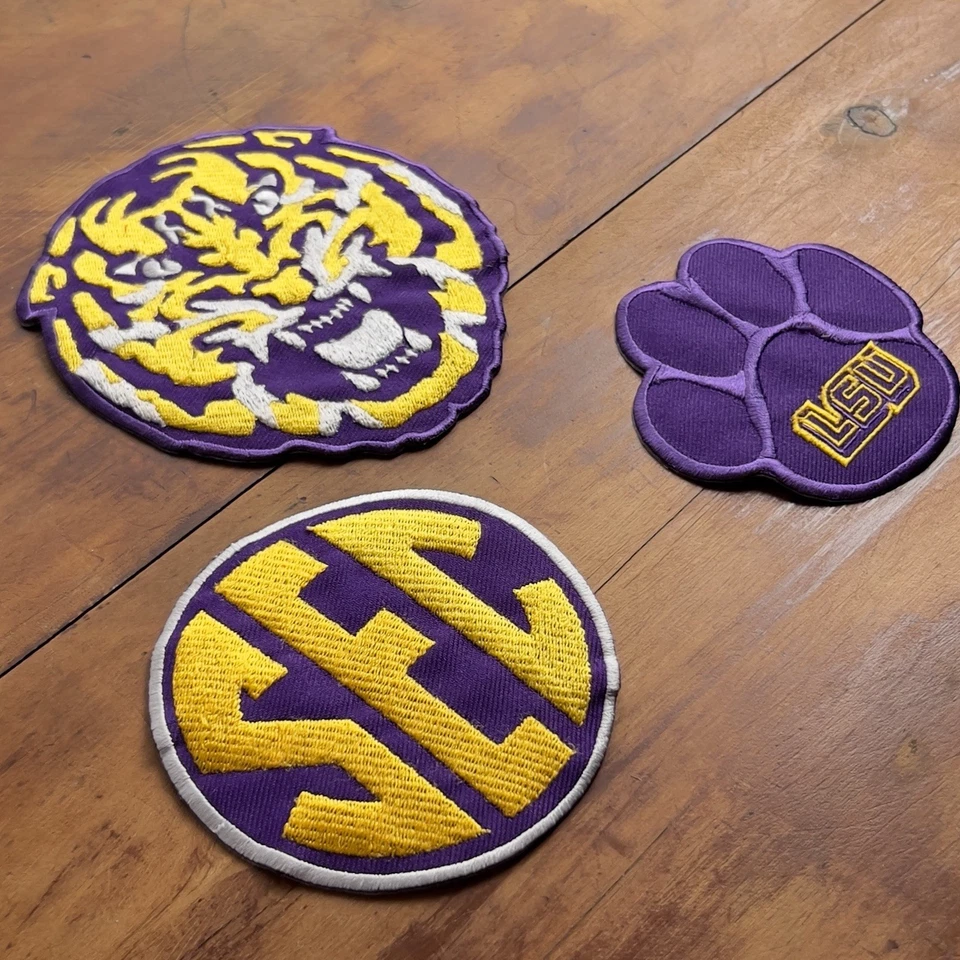 Parche bordado LSU Tigers cabeza de tigre estampado pata logotipo SEC paquete de 3 planchar coser Foto 2 de 4