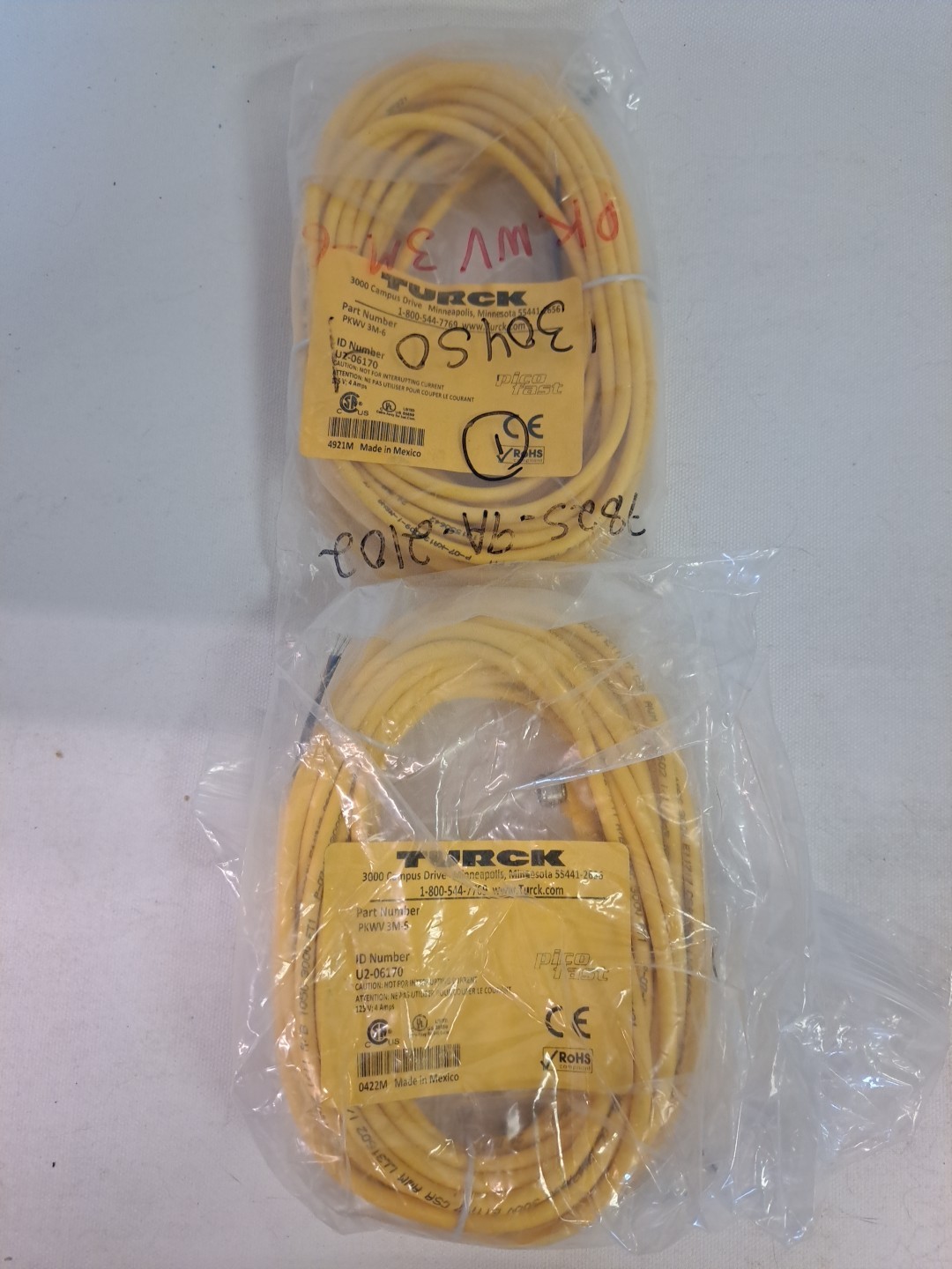 Lot of 2 Turck PKWV 3M-6 Sensor Cable, 90° M8 Receptacle, Free End/3 pos. NEW
