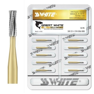 SS White 18222 FG #558 Great White Gold Straight Fissure Carbide Burs 10/Pk