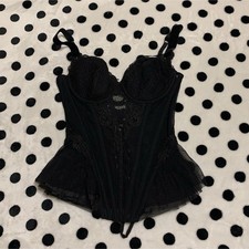 La Perla Black Overbust Lace Mesh Corset 36B Boned Adjustable Straps Underwired