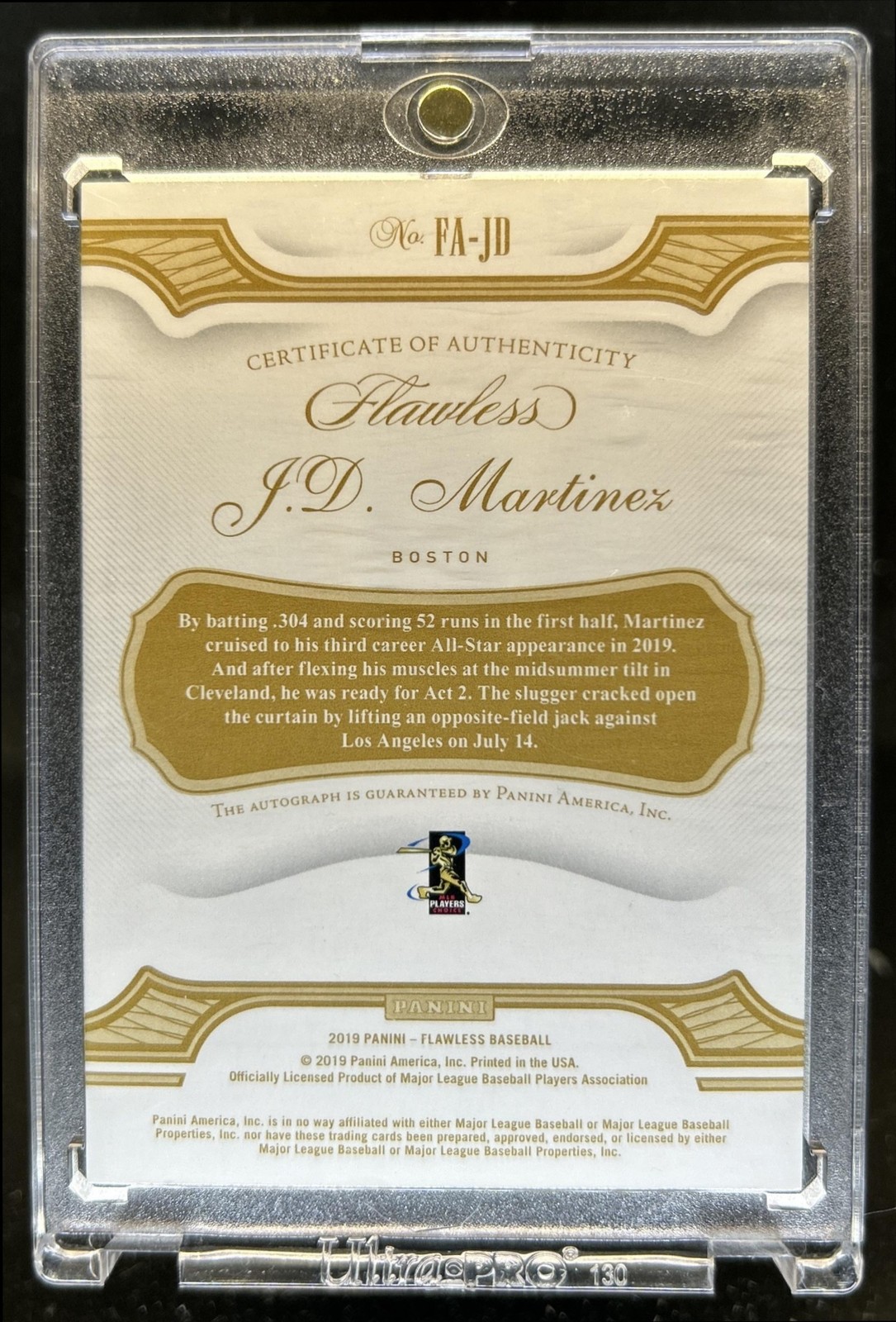 2019 Panini Flawless J.D. Martinez Auto Autograph Gold #/25 FA-JD Red Sox view 2
