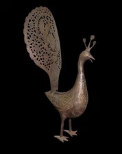 Beautiful Ancient Near Eastern Islamic Peacock Figure Gold Inlaid Gilding Work