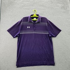 Under Armour Men Polo L Purple Striped Heatgear Activewear Logo Short Sleeve