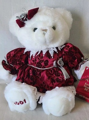 Limited Edition Memories Keepsake Teddy Bear 2001 White 18  Burgundy Dress Plush