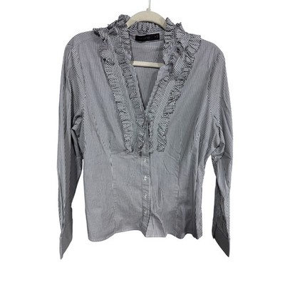 The Limited XL Black White Striped Button Down Women's Ruffle Collar Blouse