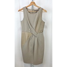 HALSTON HERITAGE Sz 0 Sleeveless Sheath Dress Leather Trim Twist Front Beige Tan
