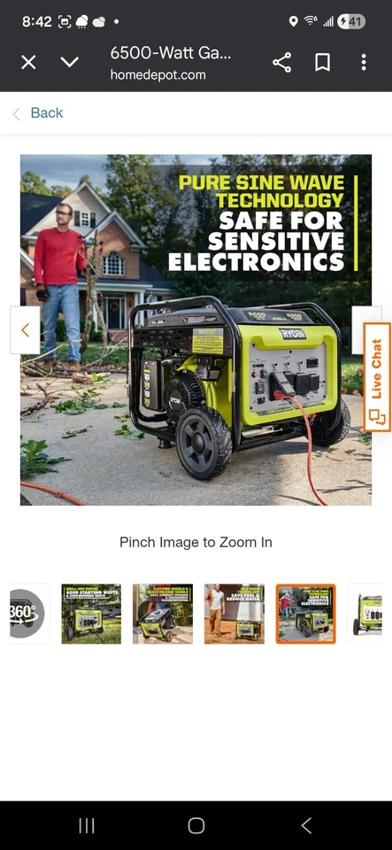 Generador portátil a gasolina RYOBI 6.500 vatios con sensor de apagado de CO Foto 4 de 4