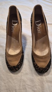 Christian Dior Women's High Heel Shoes (Size 38) Tan with Black Filigree Lace 