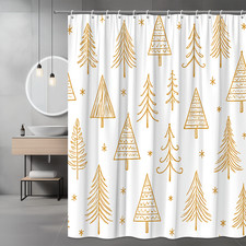 Christmas Tree Shower Curtain - Festive Gold Design on White Fabric