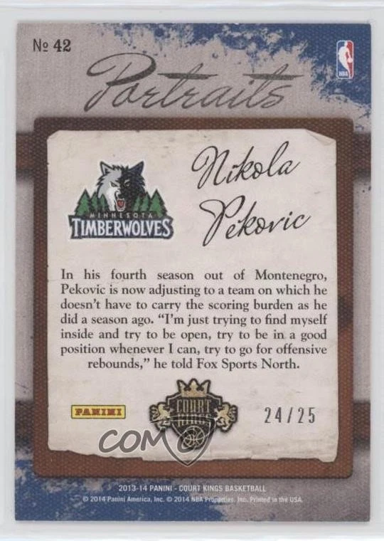 2013-14 Panini Court Kings Portraits Red Framed /25 Nikola Pekovic #42 - Image 2 of 2