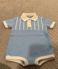 Vintage A Little Angel Original Blue Knit Baby Bubble Romper Polo Short Sleeve