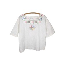 Vtg 70s Peasant Shirt M L Natural Cotton Tunic Hand Cross Embroidery Boho Retro