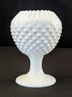 Vintage Fenton Milk Glass Hobnail Ivy Pedestal Vase Ribbon Crimped  5.75" Tall