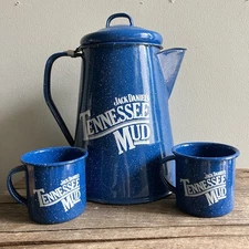 Jack Daniel's Tennessee Mud Pitcher Pot 2 Cups Vintage Blue Enamel Speckled