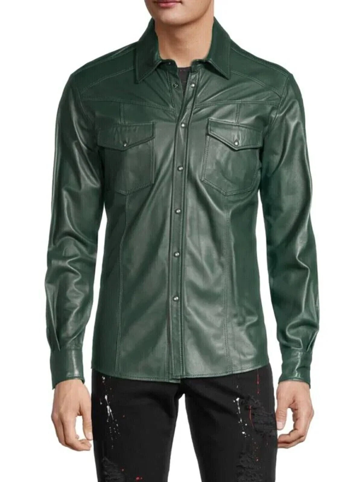 Men's Green Leather Slim Fit Shirt Jacket Full Sleeve Button up Shirt All Size