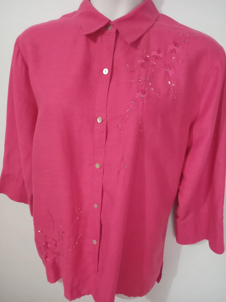 LAURA SCOTT Women 20W Pink Linen Blouse Collared Button Up Beaded Sequin Shirt - Image 2 of 4