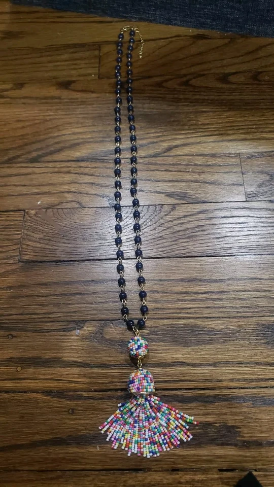 Talbots Colorful Glass Seed Beads Tassel Pendant And Blue Navy Beads Necklace - Image 2 of 3
