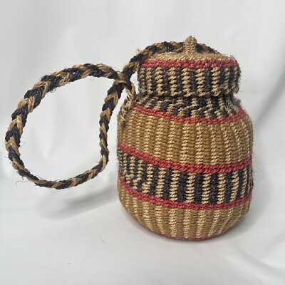 Vintage Coiled Hand Woven Haitian Ethnic Tote Basket With Attached Lid 8 x5 