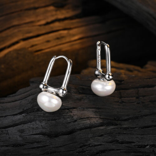 Pearl Dangle Drop Oval Earrings Womens 925 Sterling Silver Hoop Huggie Earrings - Picture 1 of 4