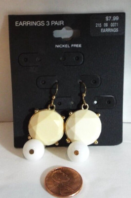 Nickel Free Beige White Dangling Pierced Earrings With Gold Color Trim