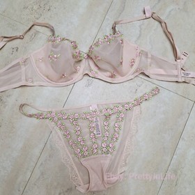 Victoria's Secret Dream Angels unlined bra set embroidery pink rose bud sheer