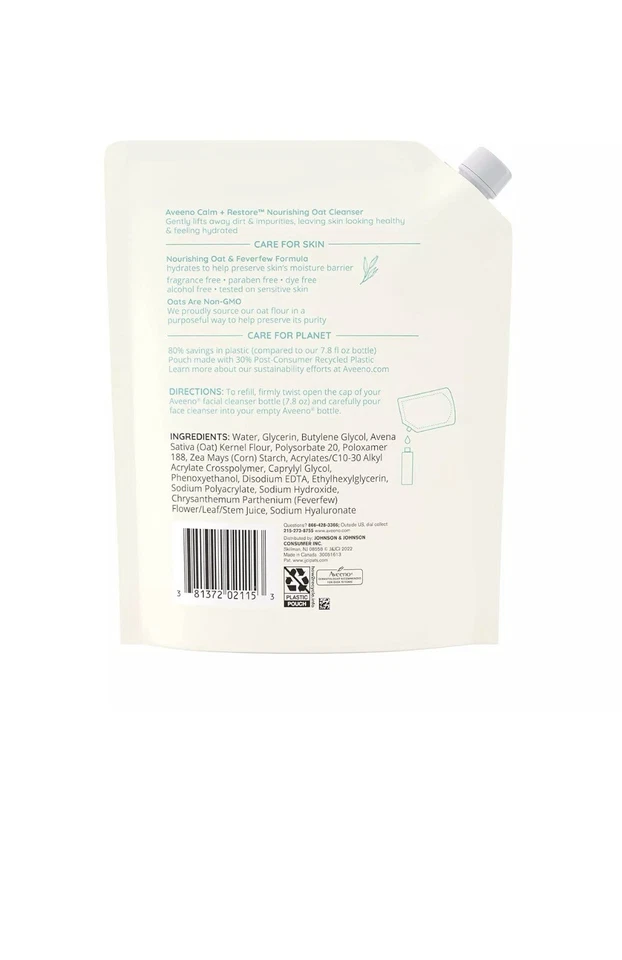 Pack 2 Aveeno Calm + Restaurar Limpiador de Avena Nutritivo Recarga Sin Fragancia 16 Oz Foto 2 de 4