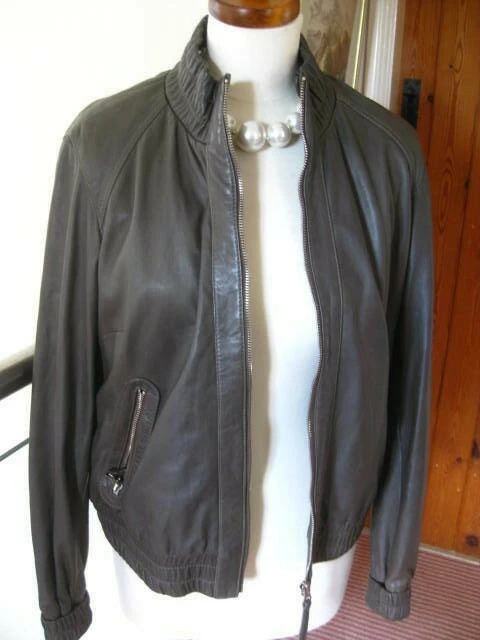 M&S LEATHER JACKET 14 bomber soft comfy relaxed zip grey taupe AUTOGRAPH coat