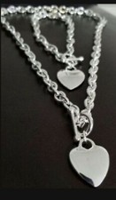 Classic Silver Heart Toggle Chain Link Necklace Bracelet Jewelry Sets Love New