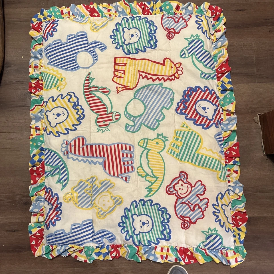 Vintage 90s Quilted Baby Blanket Zoo Animals W/Matching Pillow Crib Set Abstract - Image 3 of 4