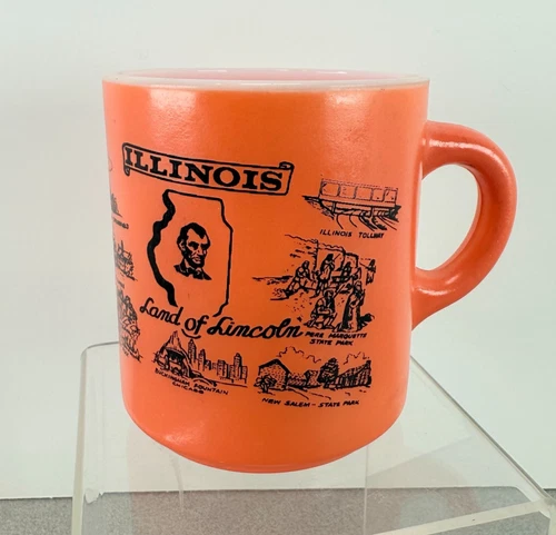 Vintage Illinois Souvenir Mug Orange Milk Glass Land of Lincoln Cup