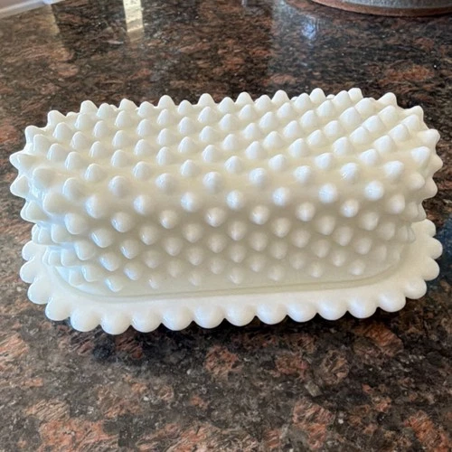 Vintage White Milk Glass Hobnail Butter Dish – Oval Covered Dish