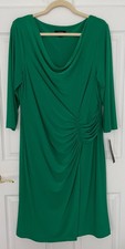 Tahari Green Cowl Neck Side Ruched Sheath Dress NWT Size 14 Flattering Jersey