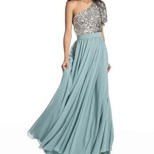 NEW Sachin Babi Jolie Silver Steel Blue One-Shoulder Sequin Maxi Gown 4
