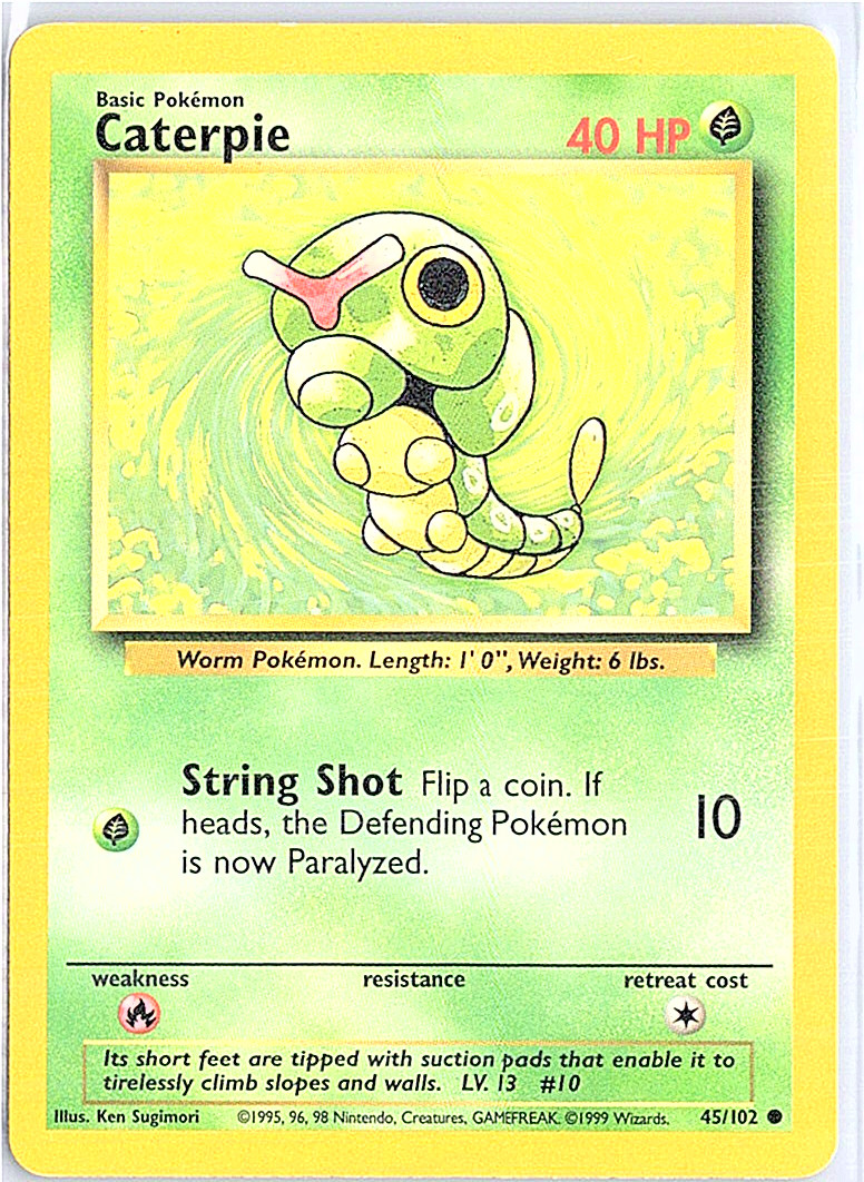 Pokémon Trading Card Game TCG Caterpie Base Set 45/102 1999 Regular LP