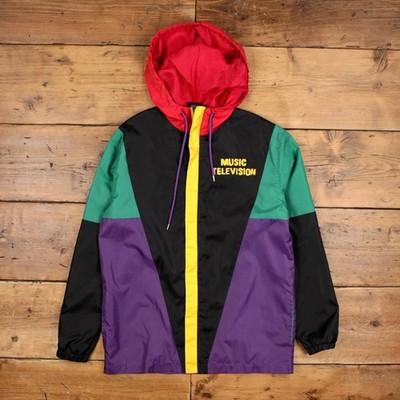 MTV Windbreaker Jacke S Herren schwarz Nylon Kapuze Color Block Y2k