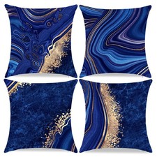 Navy Blue and Gold Throw Pillow Cover Set of 4 Blue Modern Marble Texture Pil...