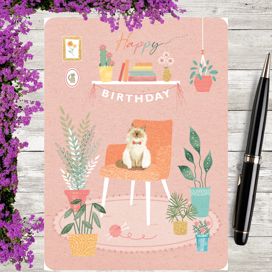 Cat Themed Birthday Card -  Cat & Plants - Sale For Our Animal Charity