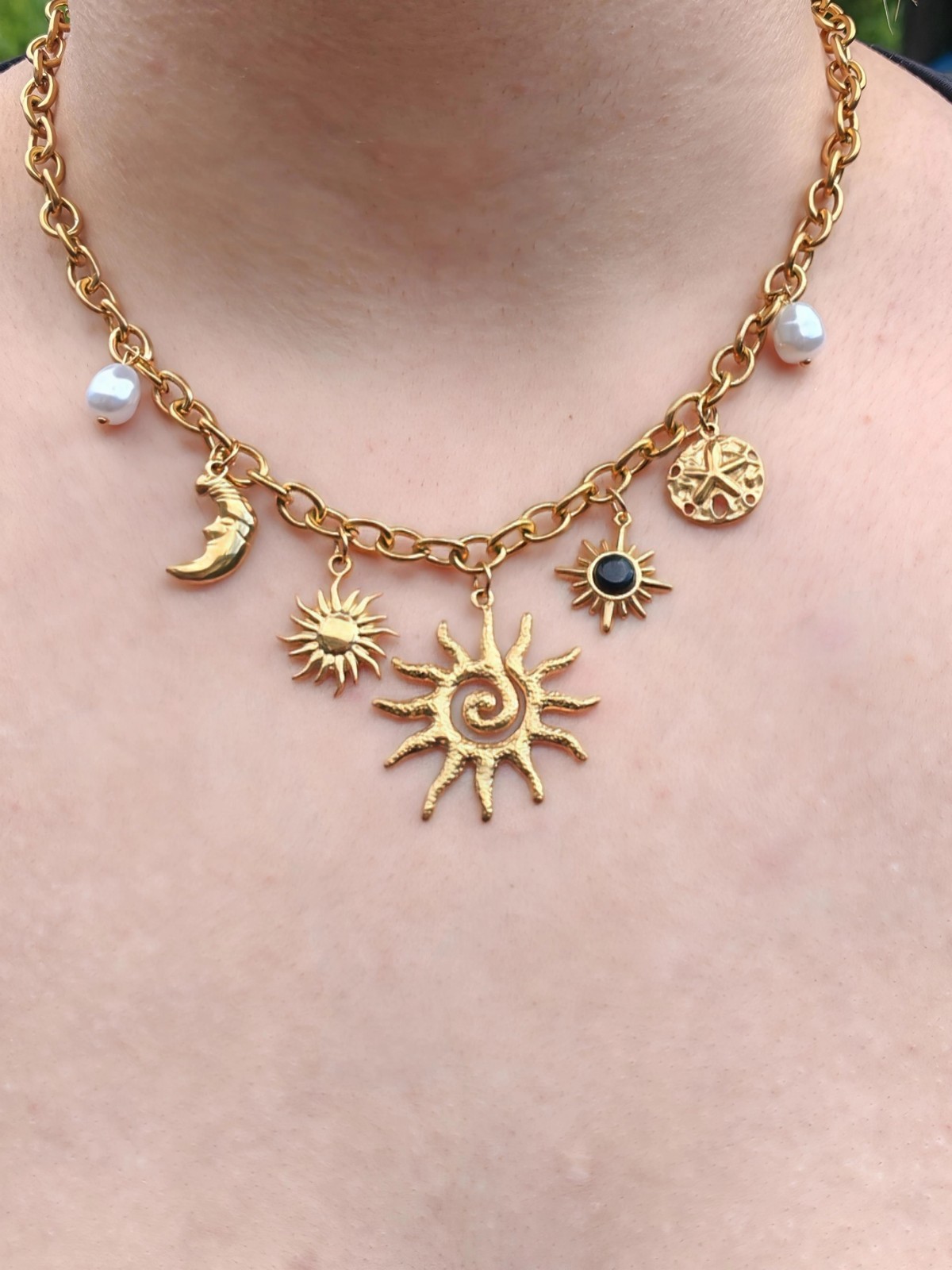 Collier soleil lune acier inoxydable doré style bohème avec pendentifs et perle