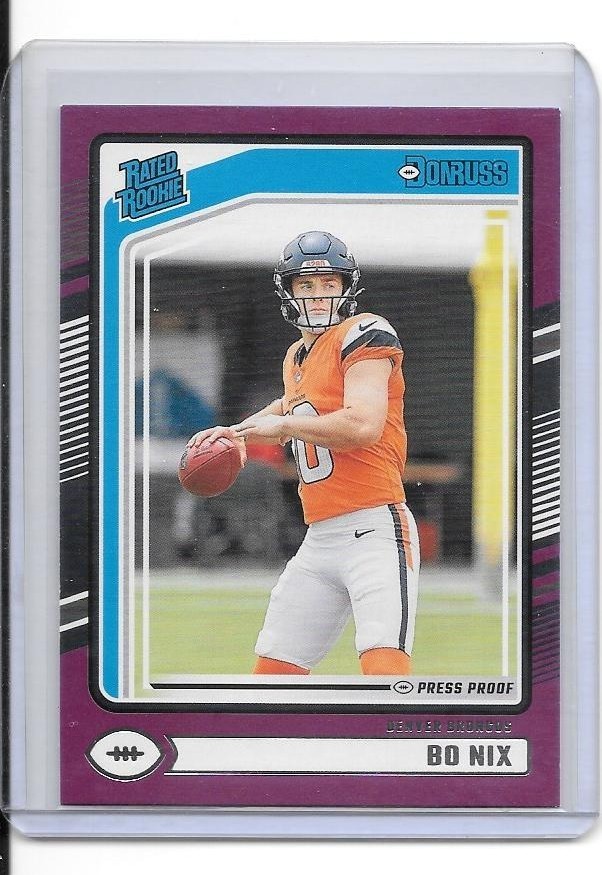 Bo Nix 2024 Panini Donruss Rated Rookie Press Proof Purple Broncos #369 (RC)