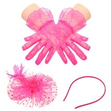 Fascinators Hat Clip Set with Hair Clip and Short Floral Lace Gloves Light Pink